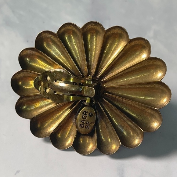 Vintage Marjorie Baer SF Clip Earrings - Brass Tone, Sterling, and Cabochon - Picture 7 of 7